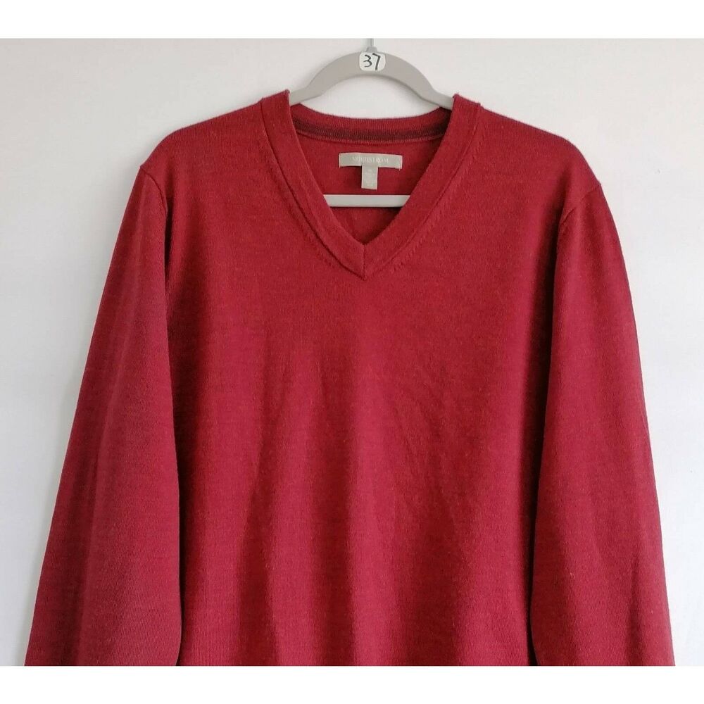 Nordstrom Mens Pullover Sweater Red V Neck Merino Wool Long Sleeve Tight Knit XL - Picture 3 of 5